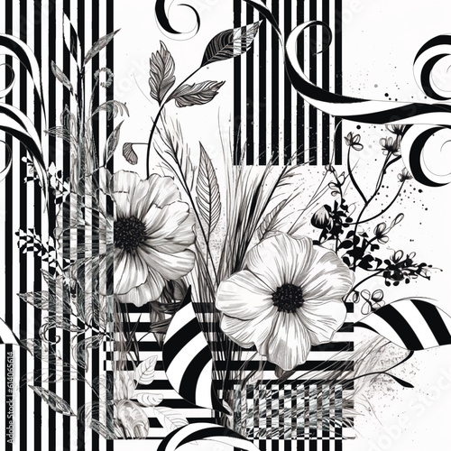 Striped Black and white lines floral seamless pattern. Beautiful flowers, leaves, stripes vector background. Doodle hand drawn lines flowers, leaves. line art sketch flowers ornament. Creative design