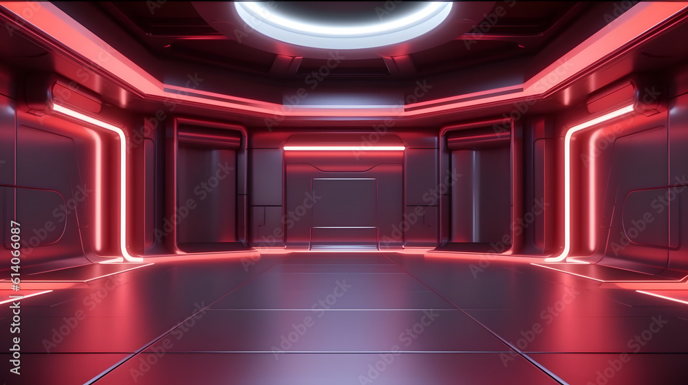 Empty light red studio room futuristic Sci Fi big hall room with lights ...