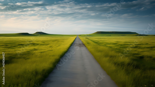 Endless road along green grasslands