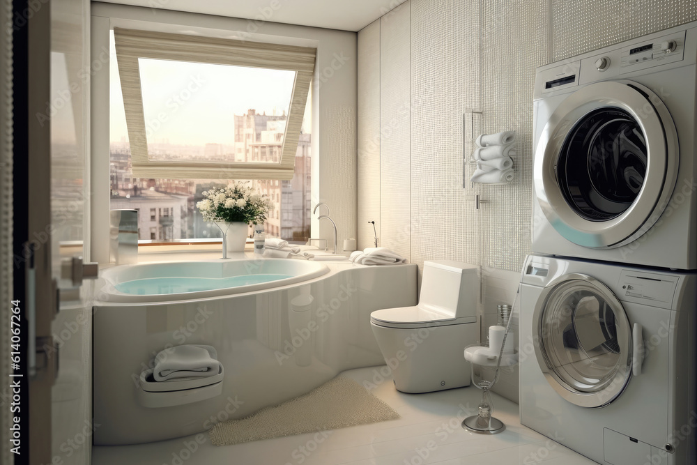 Interior of bathroom with modern washing machine Interior of bathroom with modern washing machine
