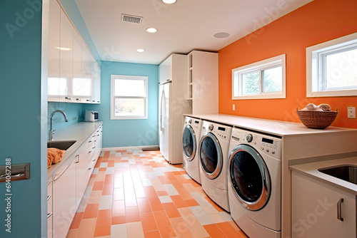 Interior of home laundry room with modern washing machine