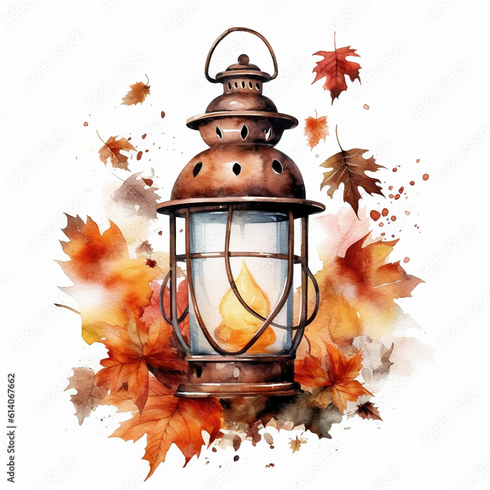 Captivating Autumn Serenade: Lantern Watercolor Isolated on White Background - Generative AI