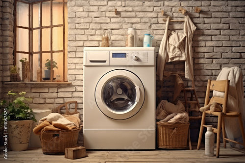 Laundry room interior with washing machine near wall