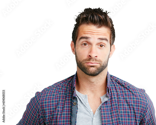 Serious, sad and portrait of a man in a shirt with a problem, anxiety or looking sick. Depression, mental health and a person with fear, tired or depressed isolated on a transparent png background