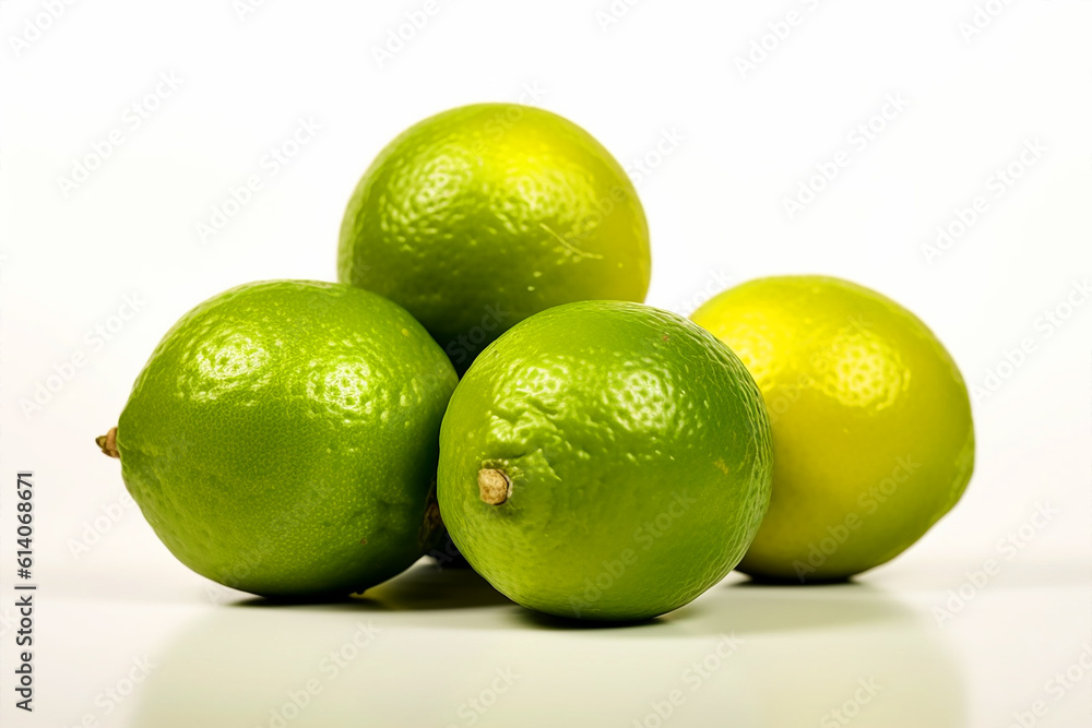 Ripe limes on a clean white background. Generative AI Ripe limes on a clean white background. Generative AI