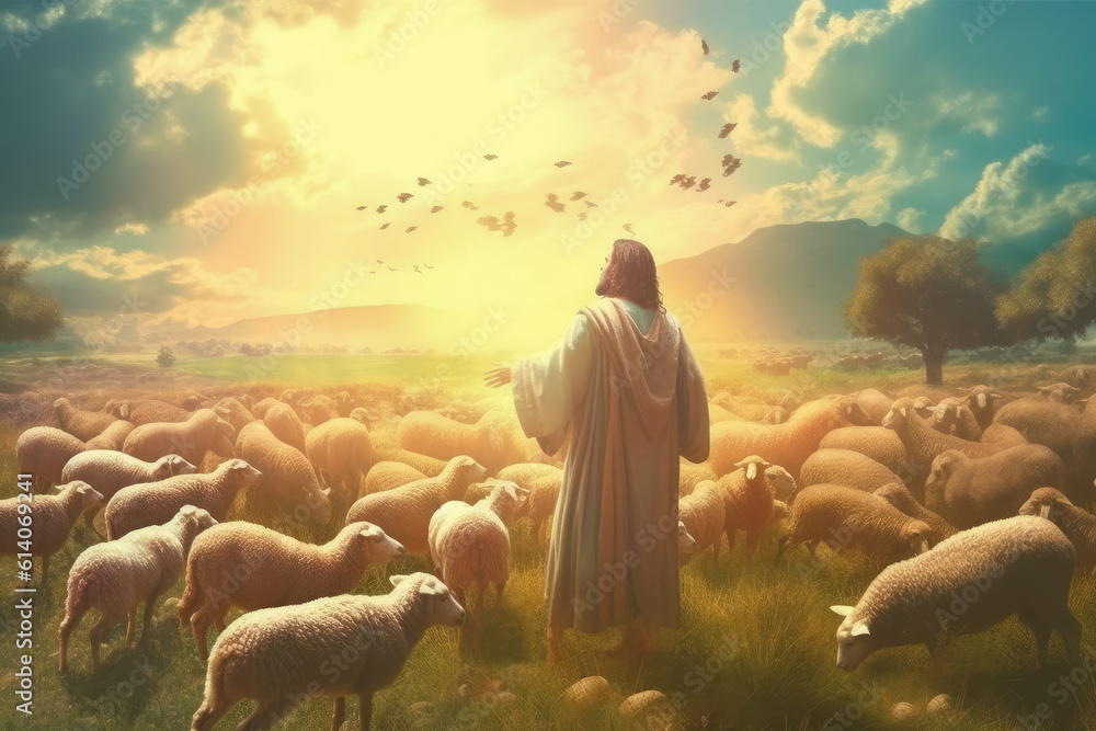 Fototapeta Image of Shepherd Jesus Christ leading the sheep and praying to God , Created wi