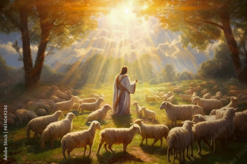 Φωτογραφία Image of Shepherd Jesus Christ leading the sheep and praying to God , Created wi