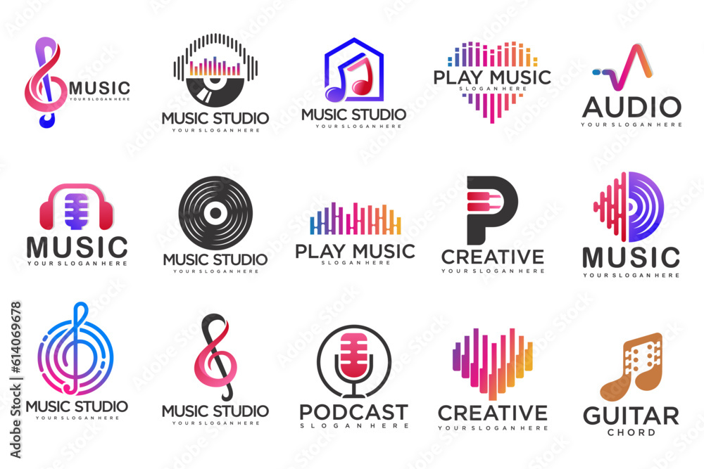 Music icons set.vector logos with musical notes and audio wave .music festival.Vector Illustration.