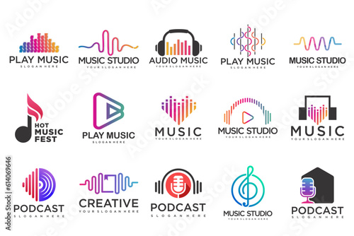Music icons set.vector logos with musical notes and audio wave .music festival.Vector Illustration.