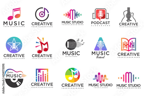 Music icons set.vector logos with musical notes and audio wave .music festival.Vector Illustration.