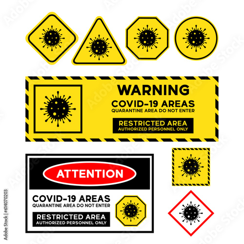 Vector sets of coronavirus sign illustrations, warning stickers, attention stickers, and variations of yellow signs such as triangles, squares, octagons, and circles.