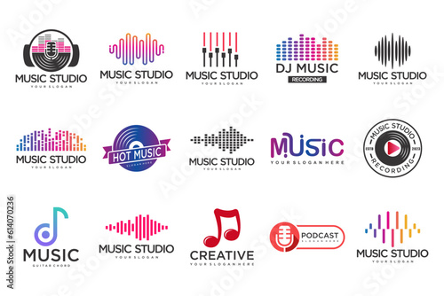 Music icons set.vector logos with musical notes and audio wave .music festival.Vector Illustration.