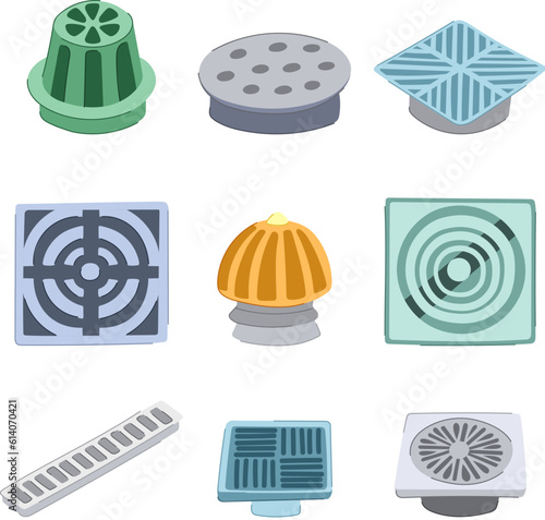 drainage grate set cartoon. sewer drain, road street, metal sewage, plumbing pipe drainage grate sign. isolated symbol vector illustration