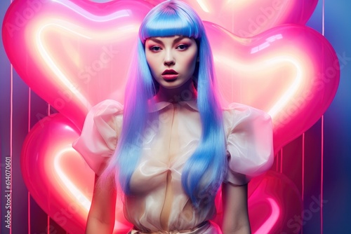 A woman with pink blue blonde hair wearing a dress and balloons. Futuristic setup, transparent plastic dress, shiny makeup, hologram iridescent glowing face lips and eyes. Valentine hearts love.