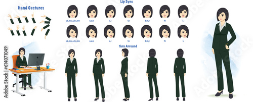 A business woman modelsheet. Businesswoman turn around sheet, hand gestures, lip sync