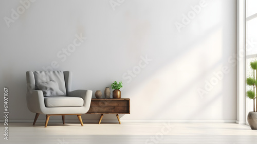 Interior of a bright living room with armchair on empty white wall background. © Prasanth