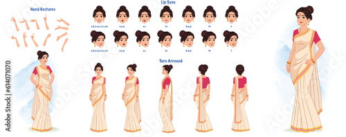 A Indian woman character model sheet. Woman creation set. Girl turnaround sheet, hand gestures, lip sync