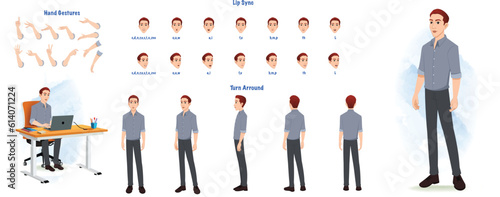 A man model sheet. Male creation set. Male turnaround sheet, hand gestures, lip sync