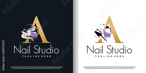 initial letter A logo design template with nail polish icon and creative concept premium vector