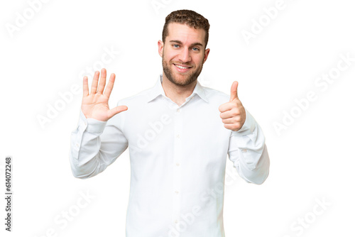 Young handsome blonde man over isolated chroma key background counting six with fingers