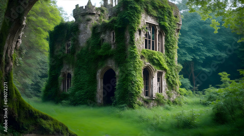 image of an abandoned castle overgrown