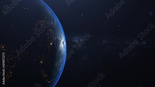 Sunrise from space. Earth land, ocean and clouds.