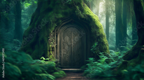 a mysterious door hidden within a dense forest