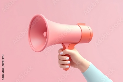marketing announcement concept with hand holding megaphone loudspeaker with pink 3d style background, generative AI