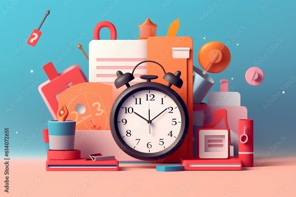 time management concept with big clock and desk object ike clipboard books and table with 3d style, generative AI time management concept with big clock and desk object ike clipboard books and table with 3d style, generative AI