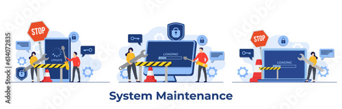 Set of system maintenance vector illustration, Error, Fixing trouble, Device updating, Software system under maintenance, Software upgrade process on devices, People update operation system