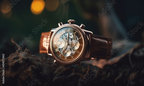 Golden wrist watch isolated on bokeh background