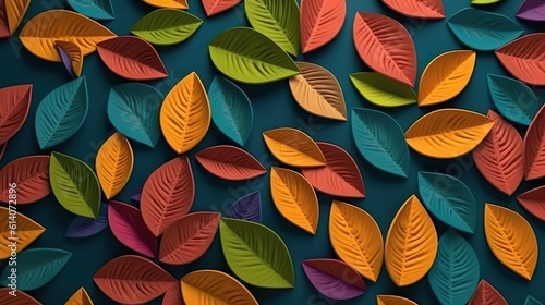 Abstract background with green, orange, red leaves with plastic texture. Colourful tree foliage composition in close up view modern wallpaper. Horizontal illustration for banner design. Generative AI.