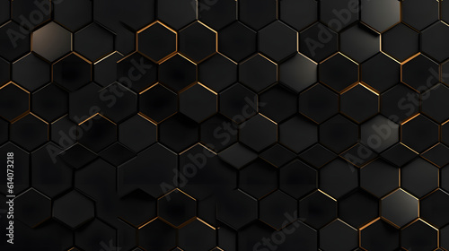Luxury hexagonal abstract black metal background with golden light lines. Dark grid pattern. Pure black horizontal banner wallpaper. Carbon elegant wedding BG