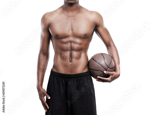 Basketball player, fitness and man body with ball on isolated, transparent and png background. Sports, workout and stomach of male athlete ready for game, challenge and workout, training or match