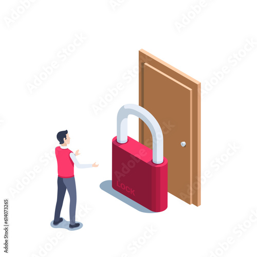 isometric vector illustration on a white background, a man stands in front of a padlock and a closed door, no passage
