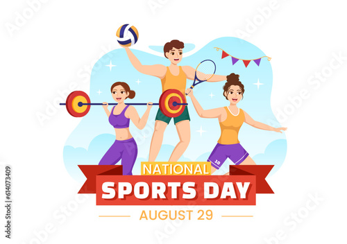 National Sports Day Vector Illustration with Sportsperson from Different Sport in Flat Cartoon Hand Drawn Landing Page Background Templates