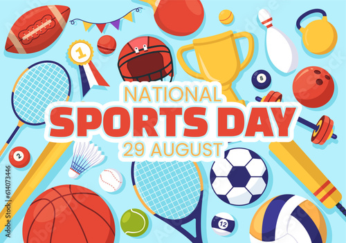 National Sports Day Vector Illustration with Sportsperson from Different Sport in Flat Cartoon Hand Drawn Landing Page Background Templates