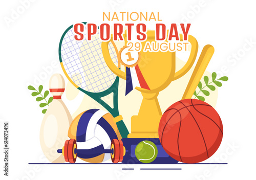 National Sports Day Vector Illustration with Sportsperson from Different Sport in Flat Cartoon Hand Drawn Landing Page Background Templates