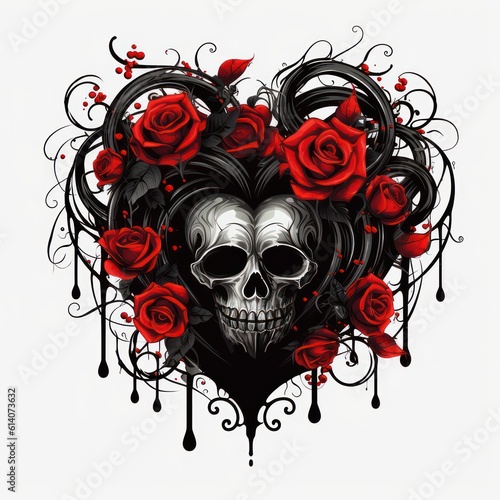 gothic vector art black heart with red roses dark vibe on white background