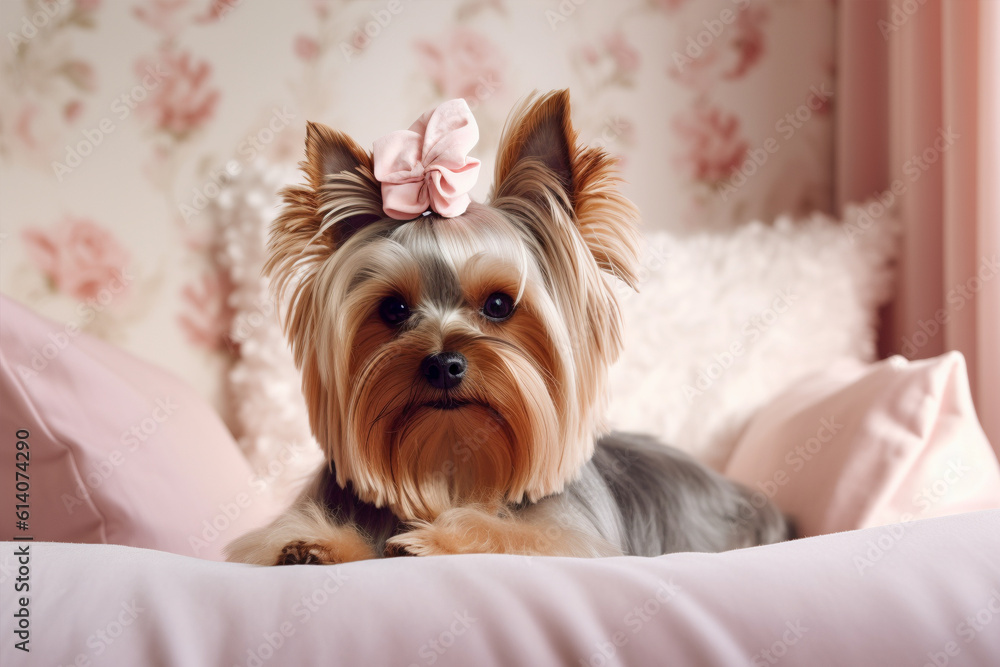 Small Yorkshire Terrier dog with long fur and ribbon lying on pink couch. Small Yorkshire Terrier dog with long fur and ribbon lying on pink couch.