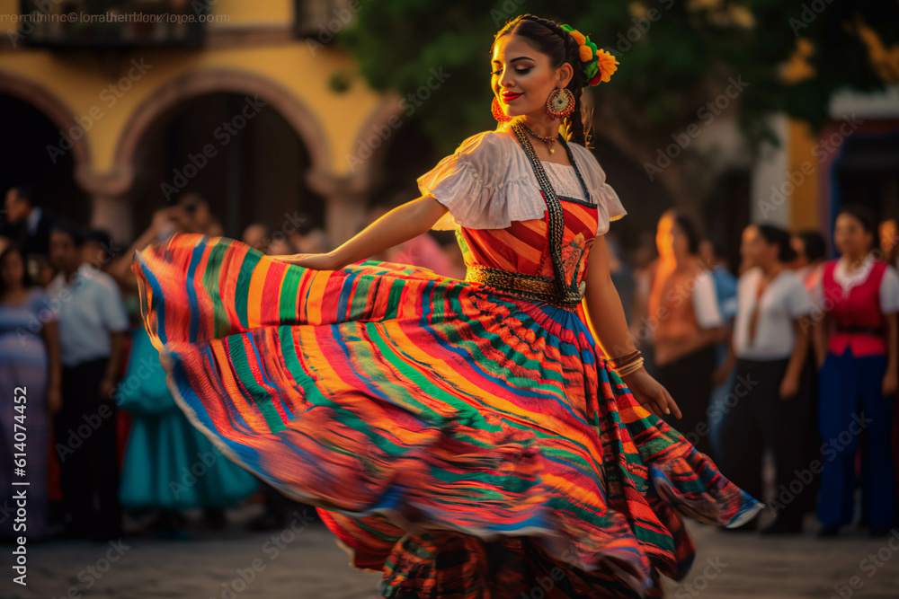 Naklejka premium LATIN MEXICAN FOLKLORE, TRADITIONAL, COLORFUL, CULTURAL, REGIONAL DANCER. ai generative