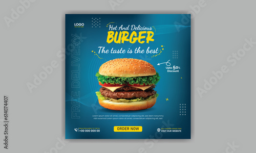 Food social media banner design. Creative modern, burger social media post template design. square food banner design