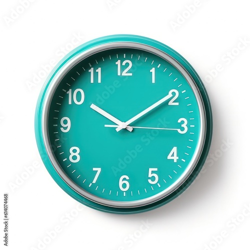 a teal colored clock on a solid white background