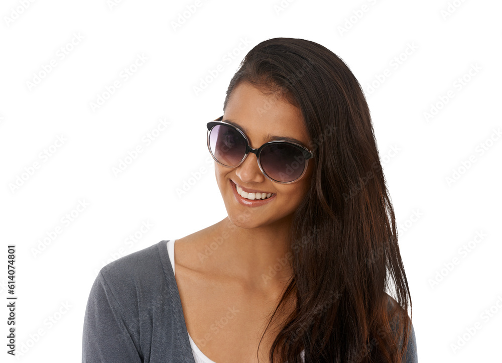 Sunglasses, smile and happy woman modern fashion on isolated, transparent or png background. Trendy, shades and female person relax, smiling and confident while posing fashionable, cheerful and young Sunglasses, smile and happy woman modern fashion on isolated, transparent or png background. Trendy, shades and female person relax, smiling and confident while posing fashionable, cheerful and young