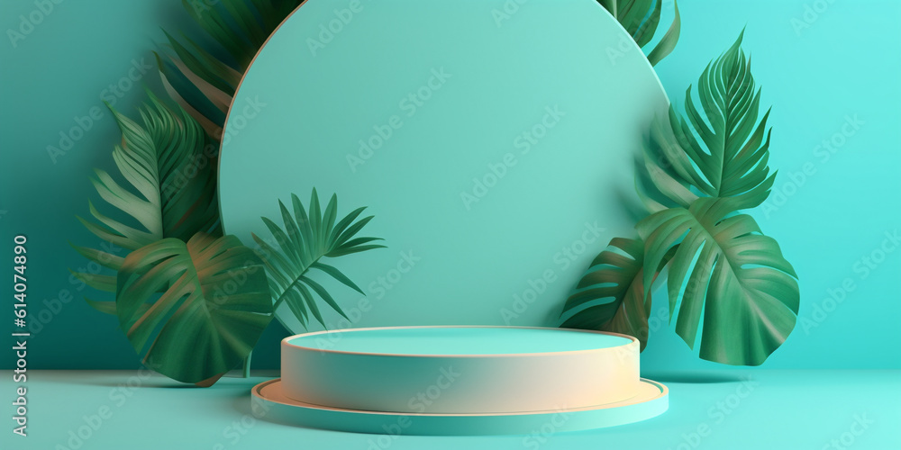 Minimalist display podium with mint green leaves and round plate decor background Template. Created with Generative AI technology Minimalist display podium with mint green leaves and round plate decor background Template. Created with Generative AI technology