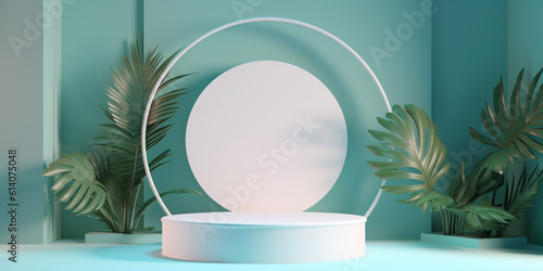 Circle decor on white podium with tropical leaves decor around cyan background templates. Created with Generative AI technology