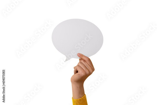 Dialogue icon, blank speech bubble in hand isolated on transparent background