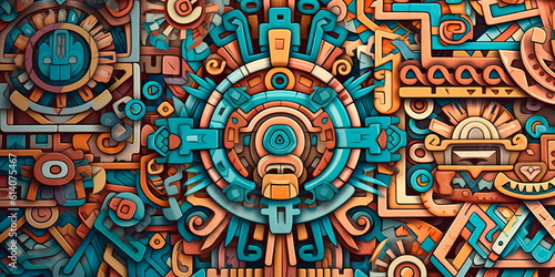 Aztec pattern featuring bold and intricate patterns reminiscent of the ancient civilization's art and cultural symbolism. Generative AI
