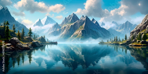 Peaceful lake surrounded by mountains, their reflection mirrored on the glassy surface Generative AI