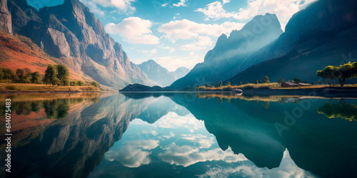Peaceful lake surrounded by mountains, their reflection mirrored on the glassy surface Generative AI